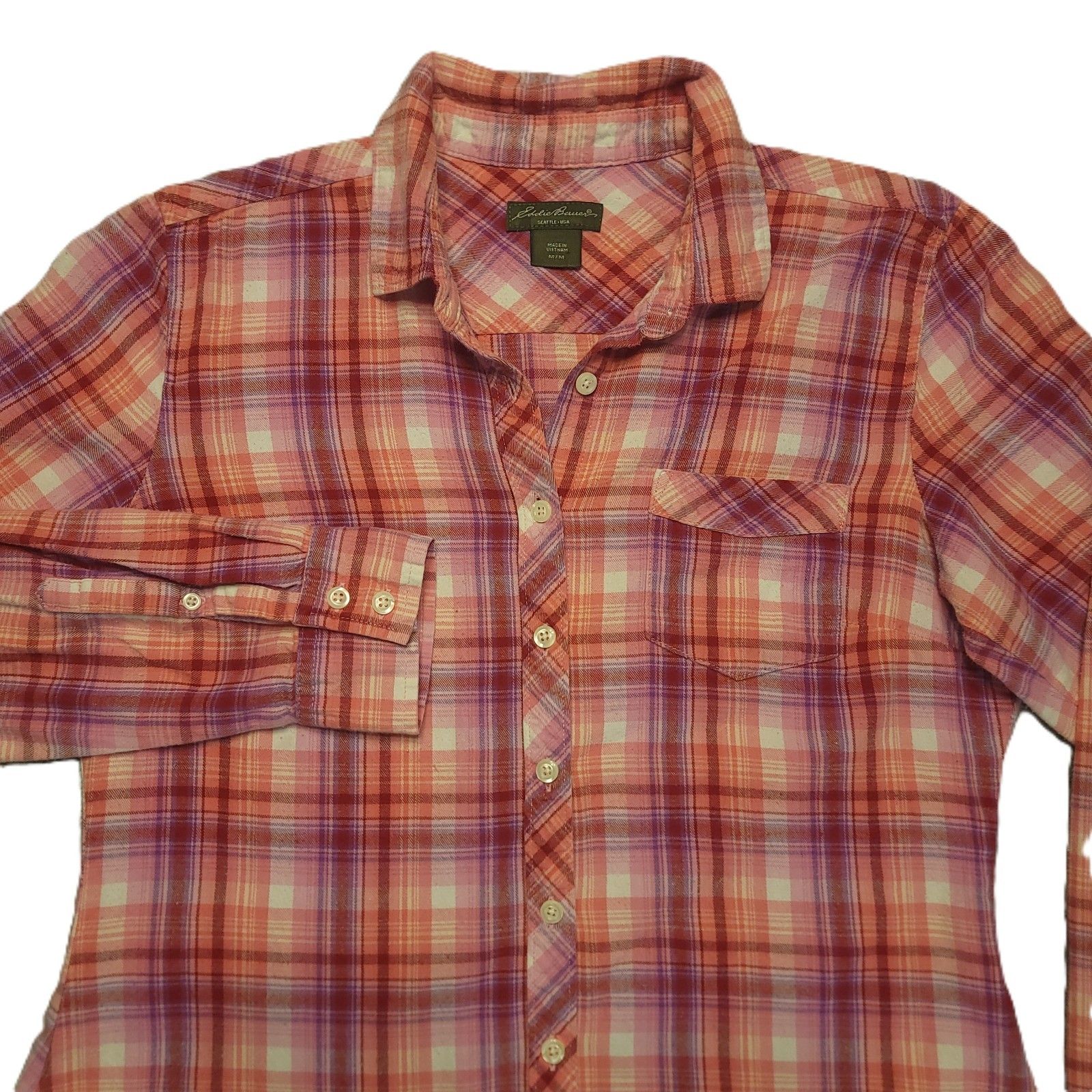 Eddie Bauer Women’s M Shirt Plaid Flannel Button Down Classic Fit Pocket